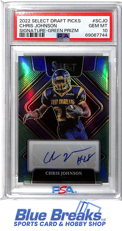 2022 Panini - Select - Draft Picks - Signature - green prizm - Chris Johnson - 2/5 - #S-CJO - PSA 10 - football - ECU - Titans