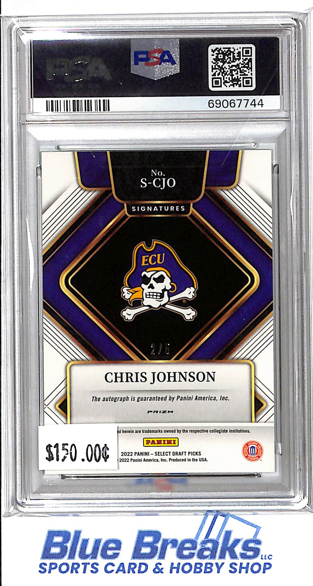 2022 Panini - Select - Draft Picks - Signature - green prizm - Chris Johnson - 2/5 - #S-CJO - PSA 10 - football - ECU - Titans