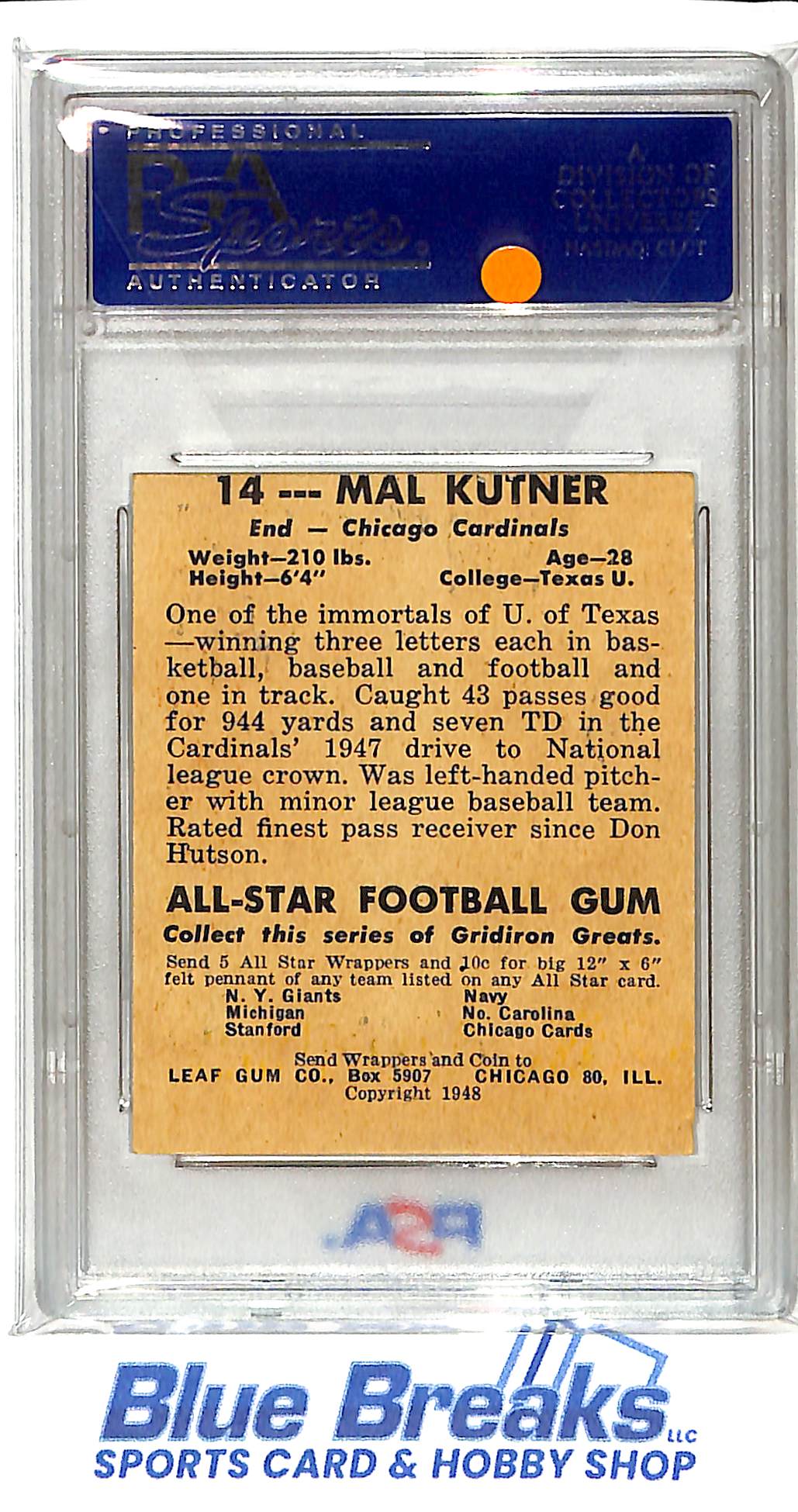 1948 Leaf - Mal Kutner - Black Name on Front - #14 - Chicago Cardinals - PSA 4