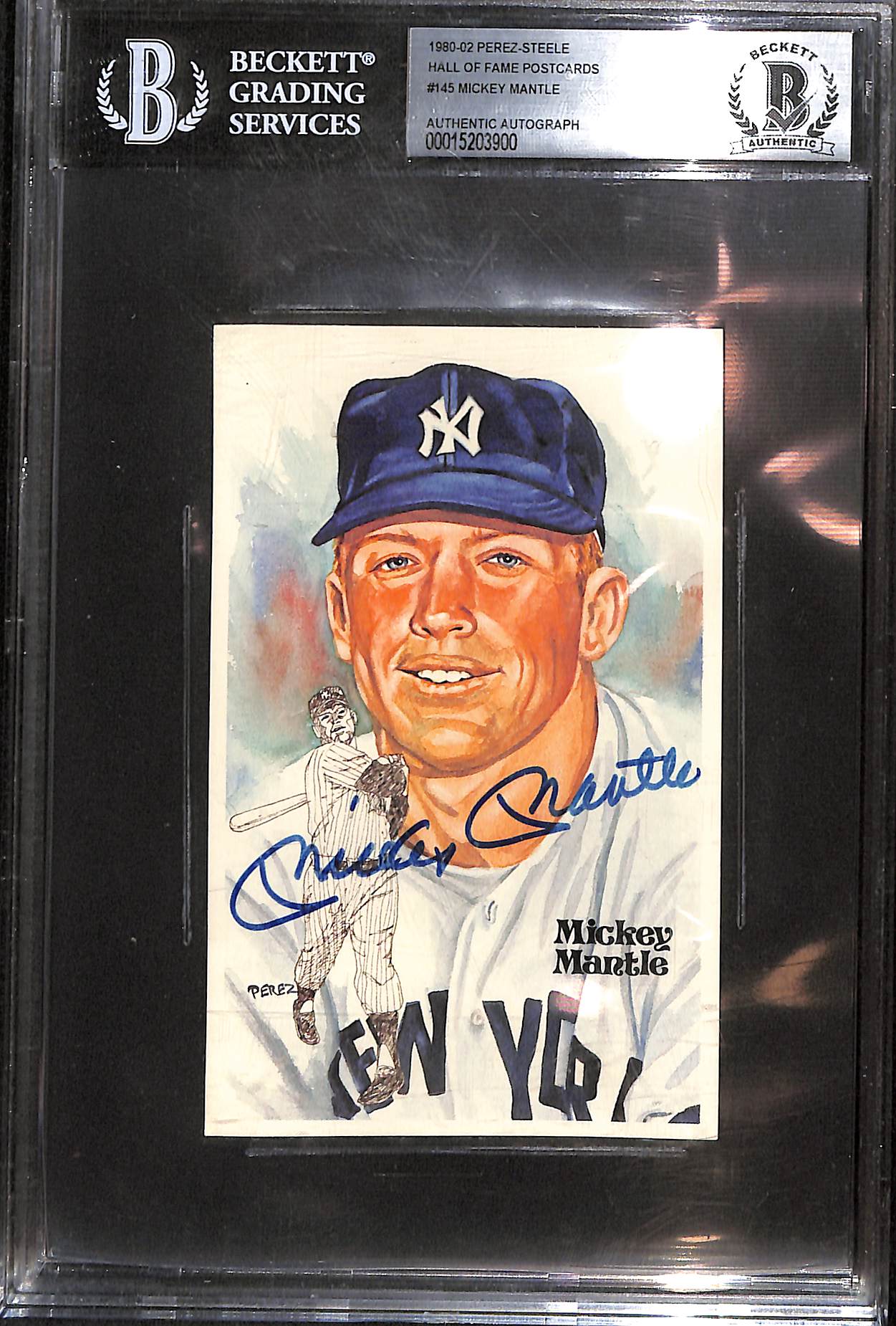 1980-02 Perez-Steele - Hall of Fame Postcard - Mickey Mantle - auto - 09314/10000 - #145 - BGS authentic - baseball - Yankees