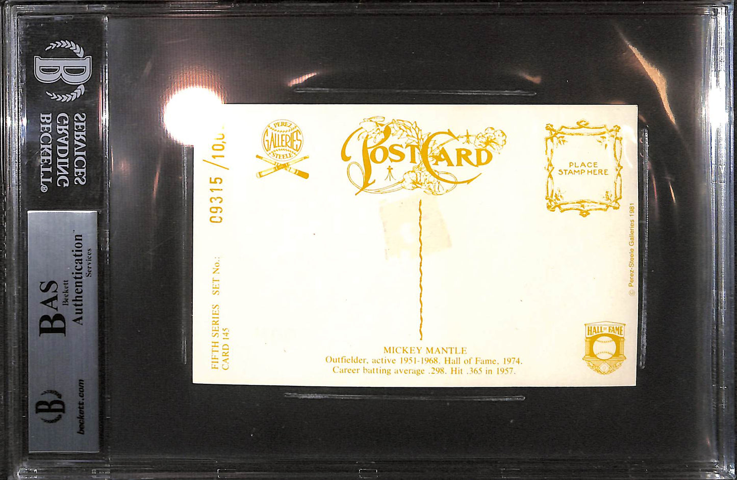 1980-02 Perez-Steele - Hall of Fame Postcard - Mickey Mantle - auto - 09314/10000 - #145 - BGS authentic - baseball - Yankees