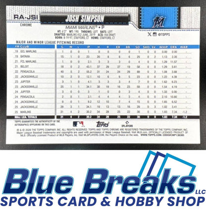 2026 Topps Chrome Josh Simpson #RA-JSI Retail Rookie Auto Yellow Refractor 175/275 RC Miami Marlins