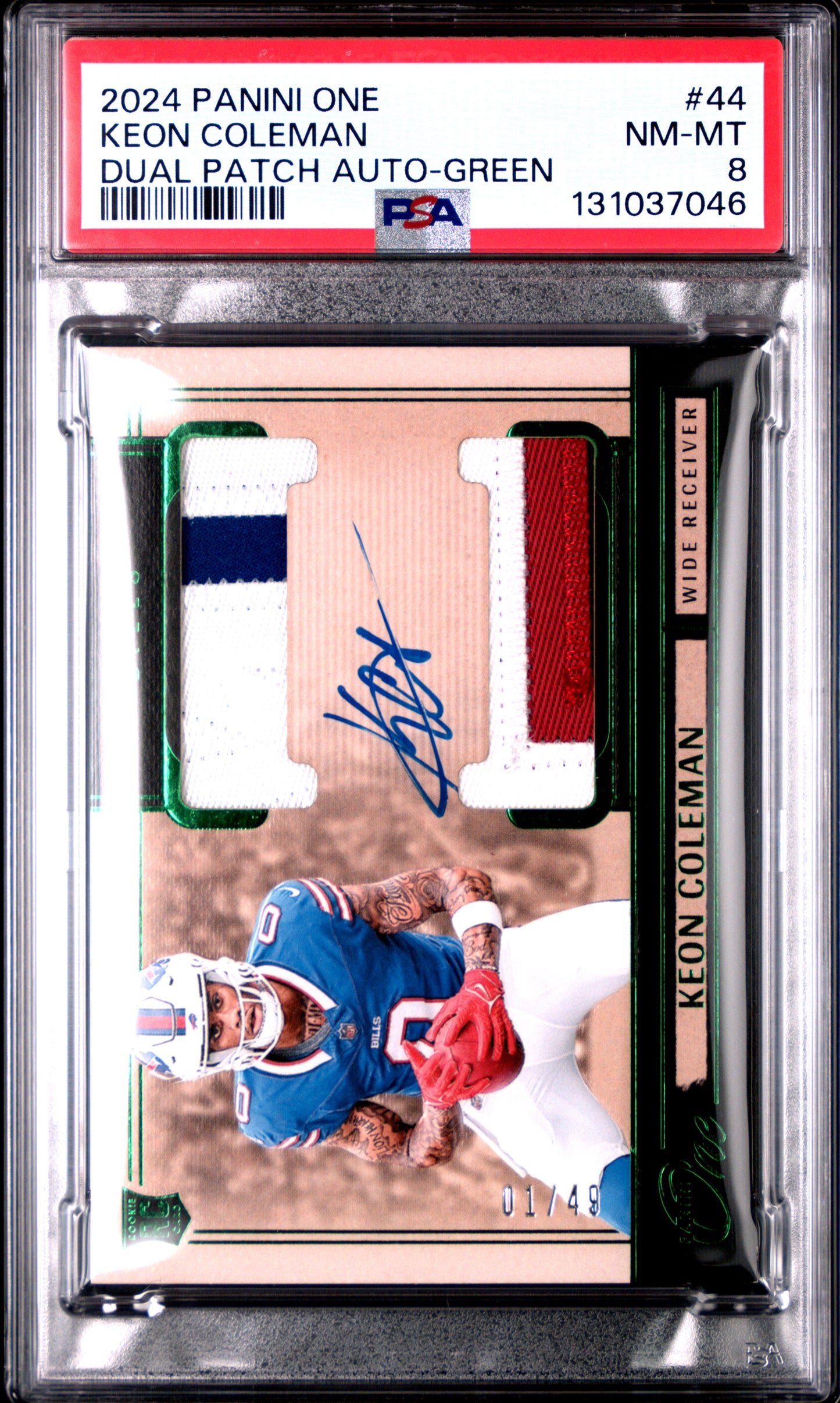 2024 Panini One - green - Keon Coleman - dual patch auto - 01/49 - RC - #44 - PSA 8 - football - Bills