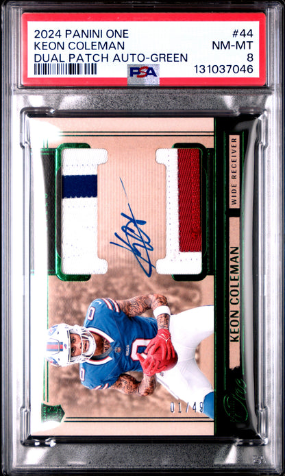2024 Panini One - green - Keon Coleman - dual patch auto - 01/49 - RC - #44 - PSA 8 - football - Bills