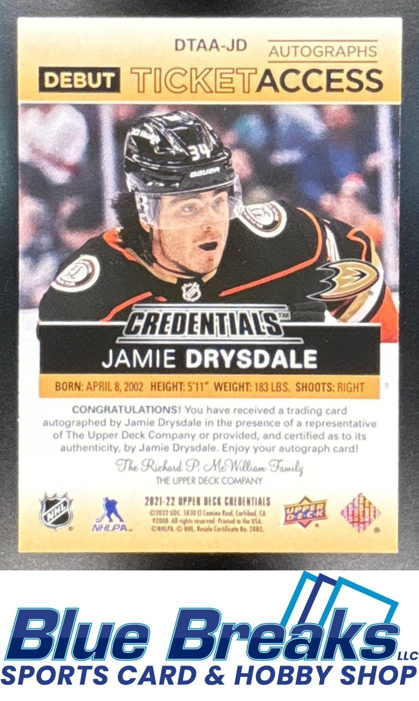 2021 Upper Deck Credentials Jamie Drysdale #DTAA-JD Debut Ticket Access Auto Orange 18/25 RC