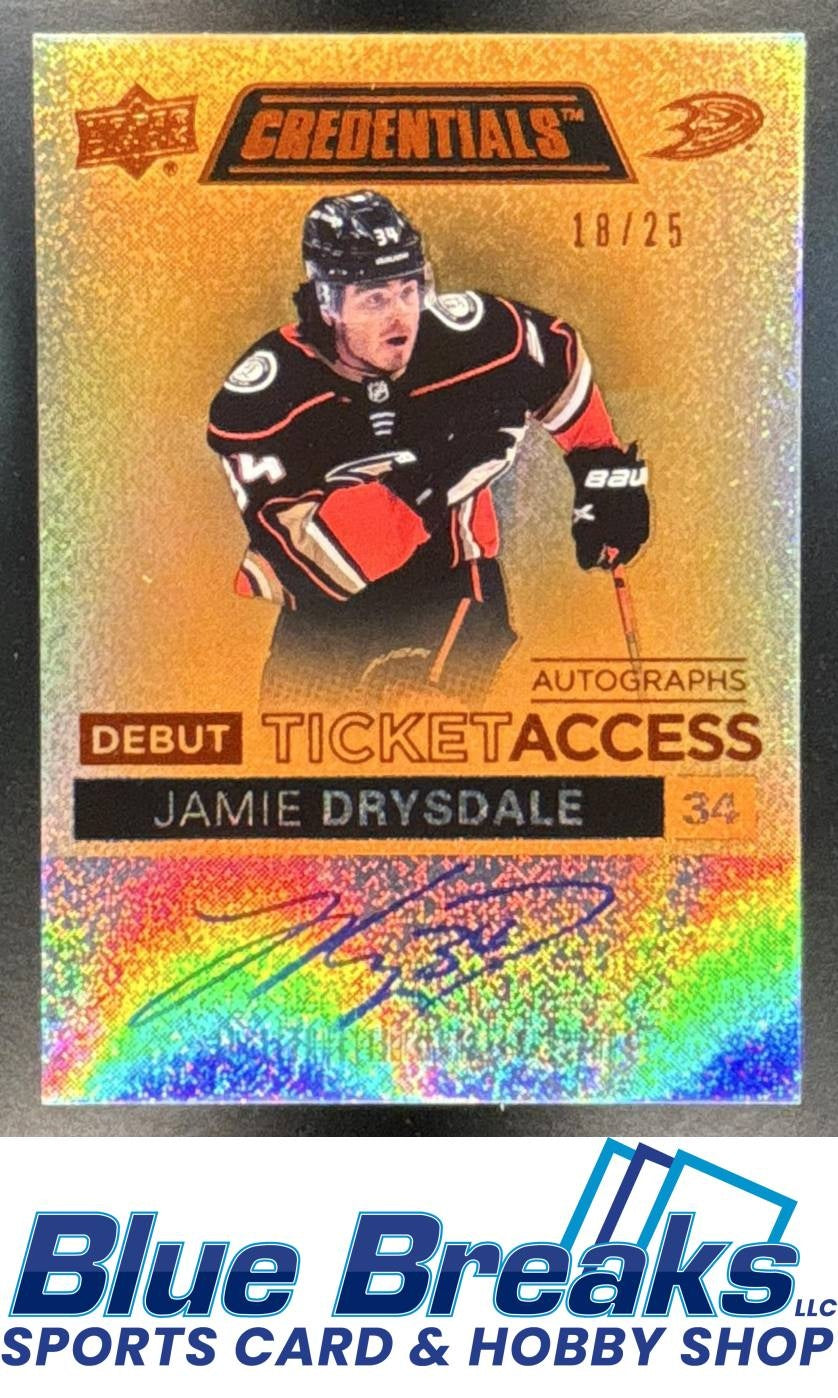 2021 Upper Deck Credentials Jamie Drysdale #DTAA-JD Debut Ticket Access Auto Orange 18/25 RC