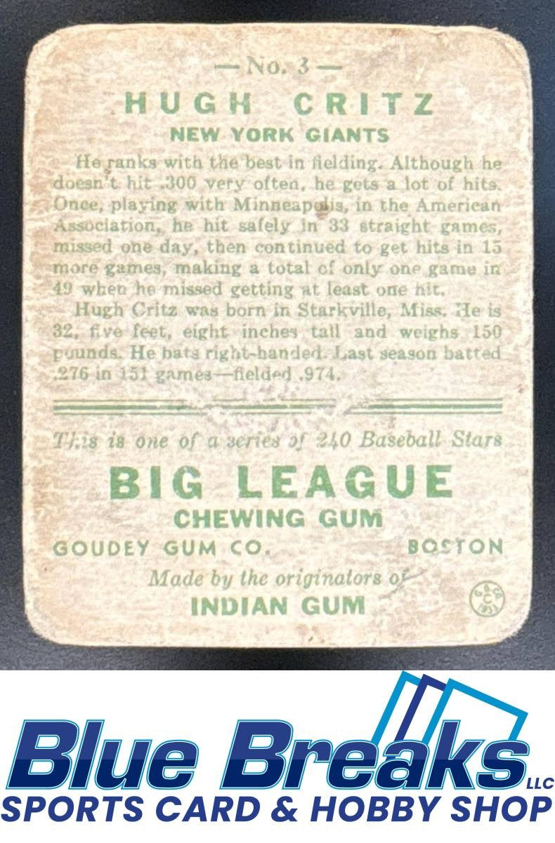 1933 Goudey Hugh Critz #3 Baseball Giants