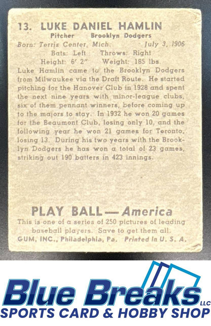 1939 Play Ball Luke Daniel Hamlin #13 a Dodgers