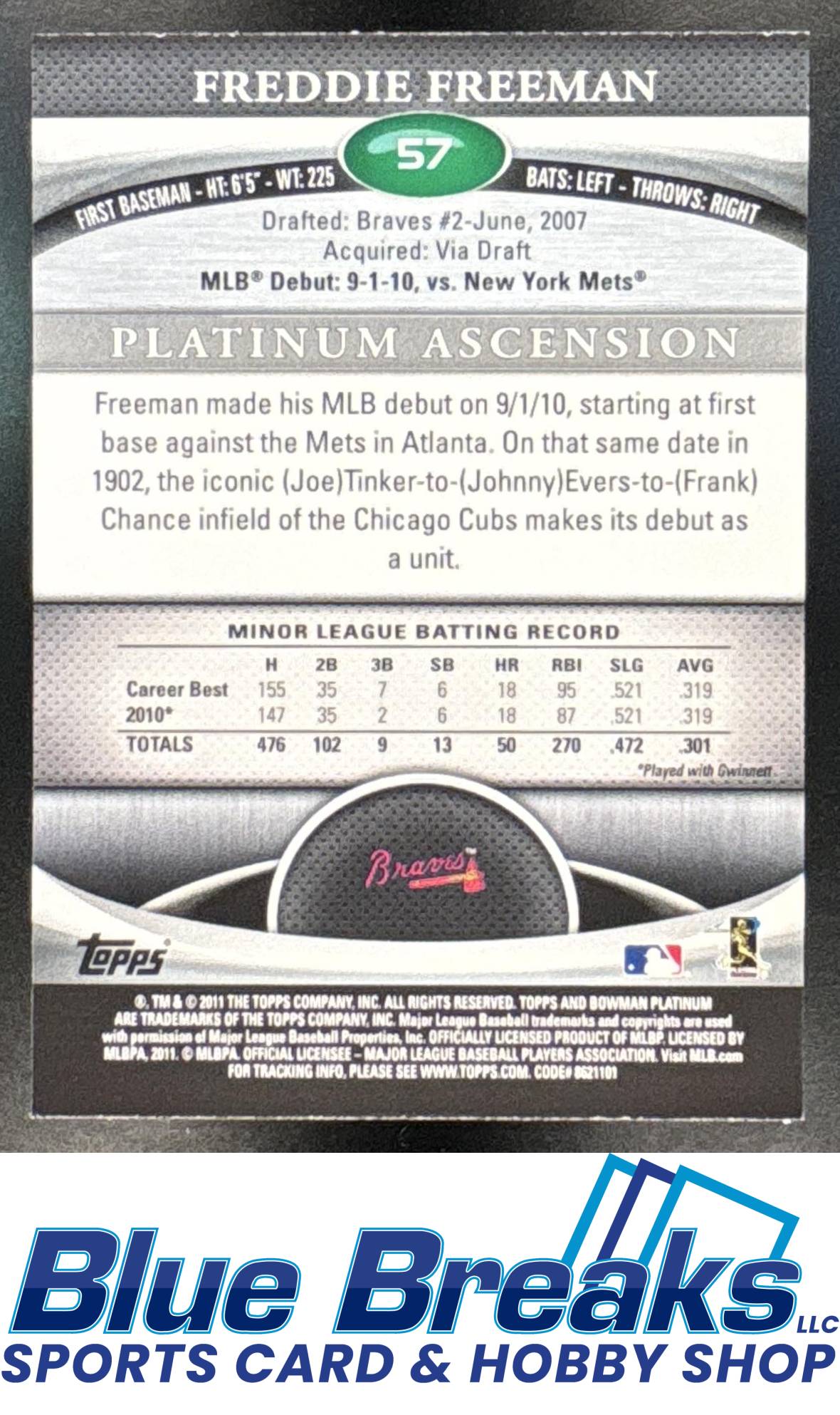 2011 Bowman Platinum Freddie Freeman RC #57 Atlanta Braves