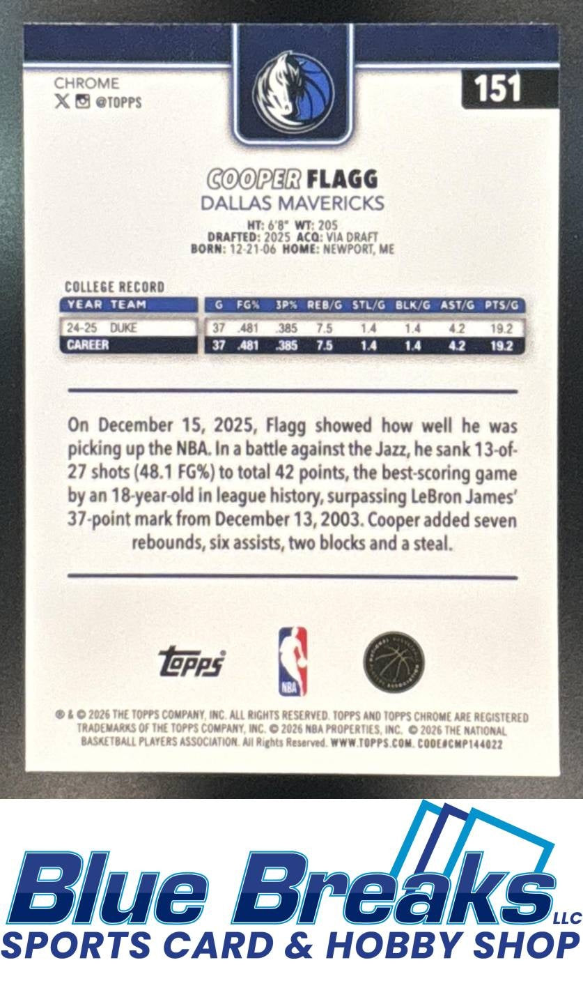 2025-26 Topps Chrome Update X-Fractor Cooper Flagg RC #151 Dallas Mavericks