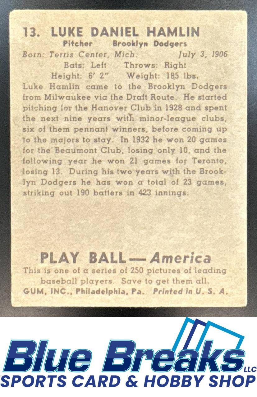 1939 Play Ball Luke Hamlin Rookie #13 Dodgers