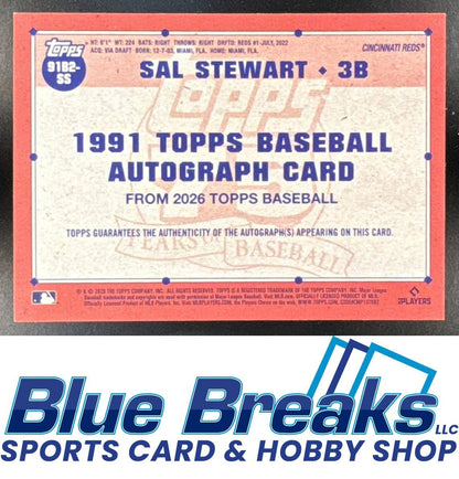 2026 Topps Series 2 Sal Stewart #91B2-SS 1991 Auto Green 75/99 RC Cincinnati Reds