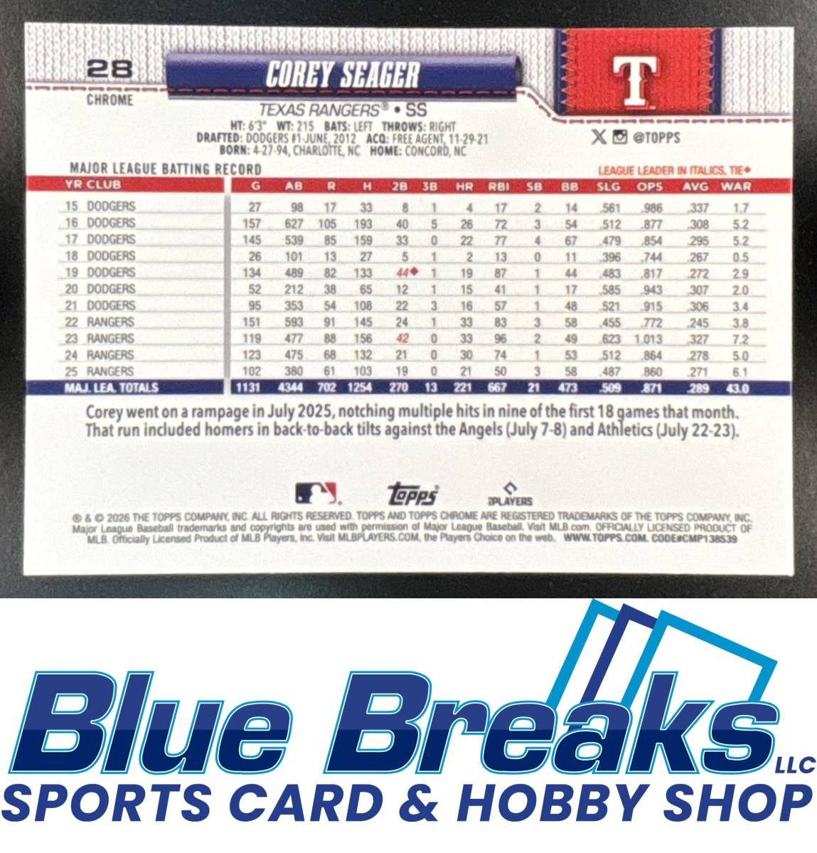 2026 Topps Chrome Blue Wave Corey Seager 121/150 #28 Texas Rangers