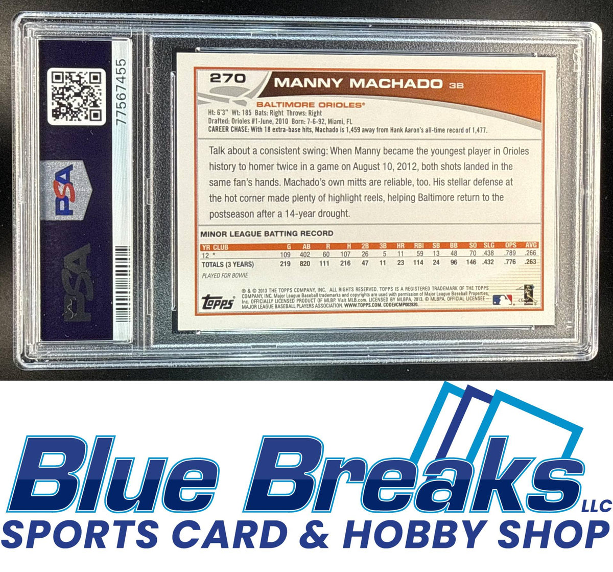2013 Topps Manny Machado Fielding #270 RC PSA 10 Baltimore Orioles