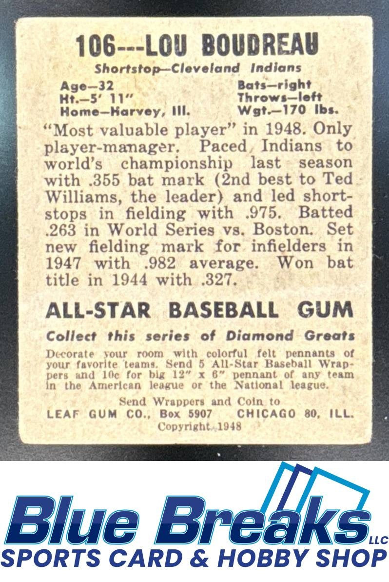 1948 Leaf Lou Boudreau Rookie #106 Cleveland Indians