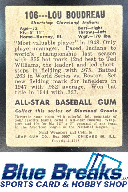 1948 Leaf Lou Boudreau Rookie #106 Cleveland Indians