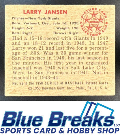 1950 Bowman Larry Jansen [RC] #66 Giants
