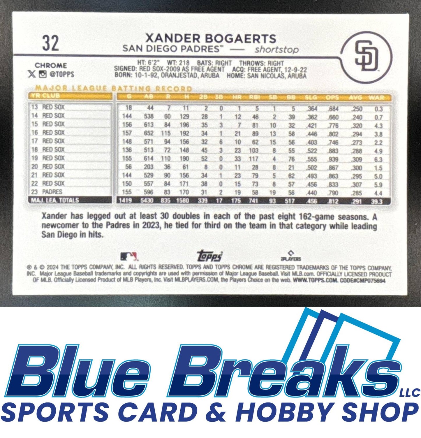 2024 Topps Chrome Aqua Lava Refractor Xander Bogaerts 180/199 #32 San Diego Padres