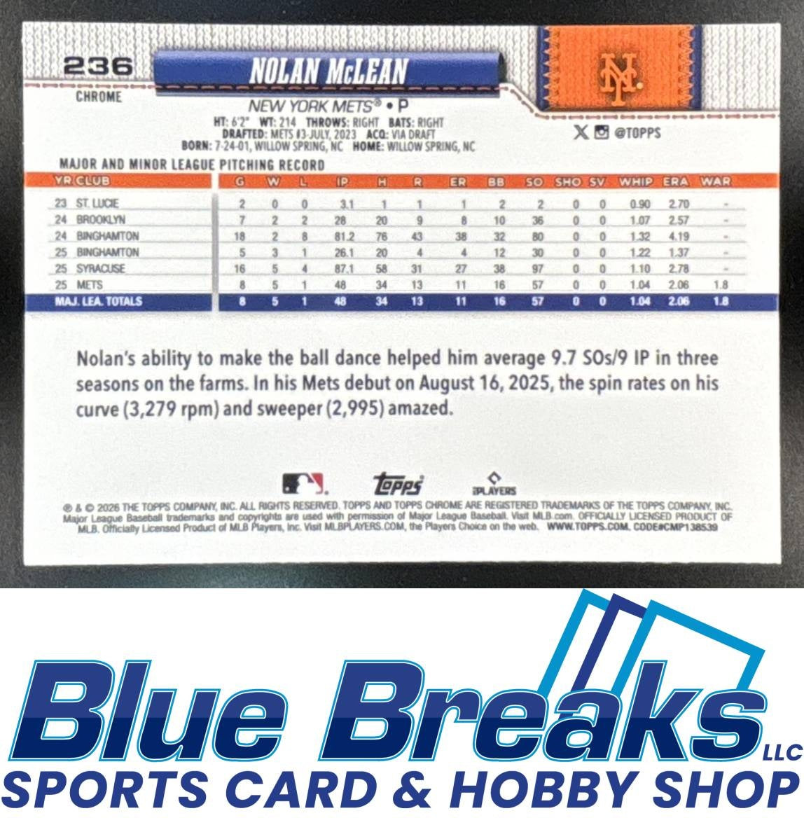 2026 Topps Chrome Blue Wave Refractor Nolan McLean RC 007/150 #236 New York Mets