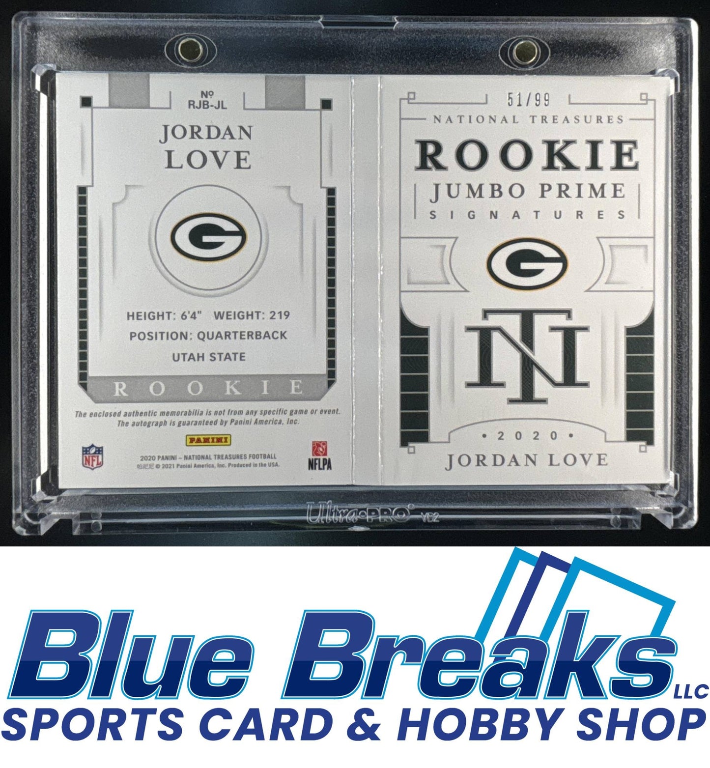 2020 Panini National Treasures Jordan Love #RJB-JL Rookie Jumbo Prime Signatures Booklet 51 /99 Relic Auto RC Green Bay Packers