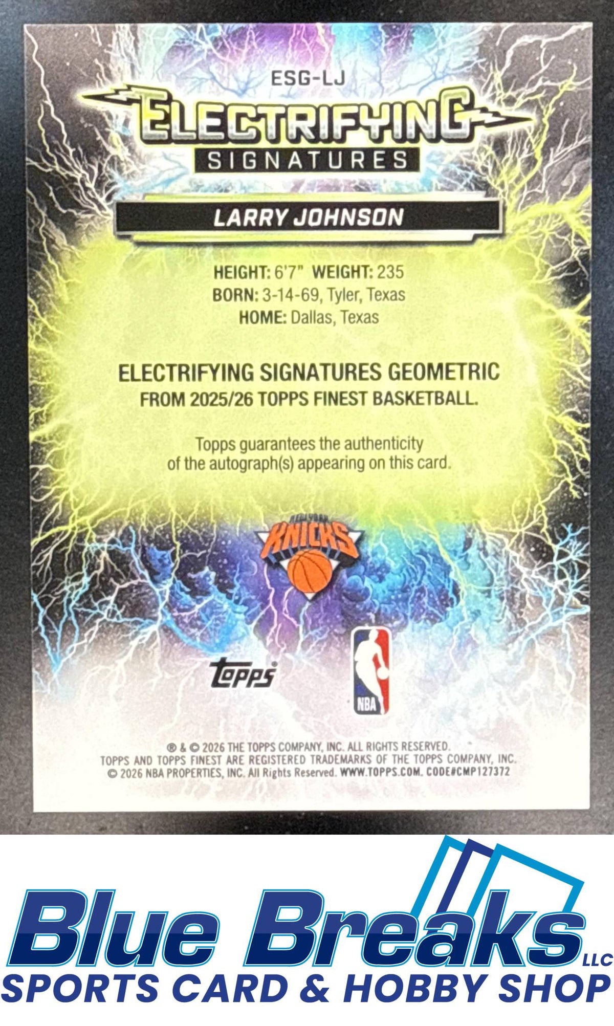 2025 Topps Finest Larry Johnson #ESG-LJ Electrifying Signatures Green Geometric Refractor 33/75 Auto New York Knicks