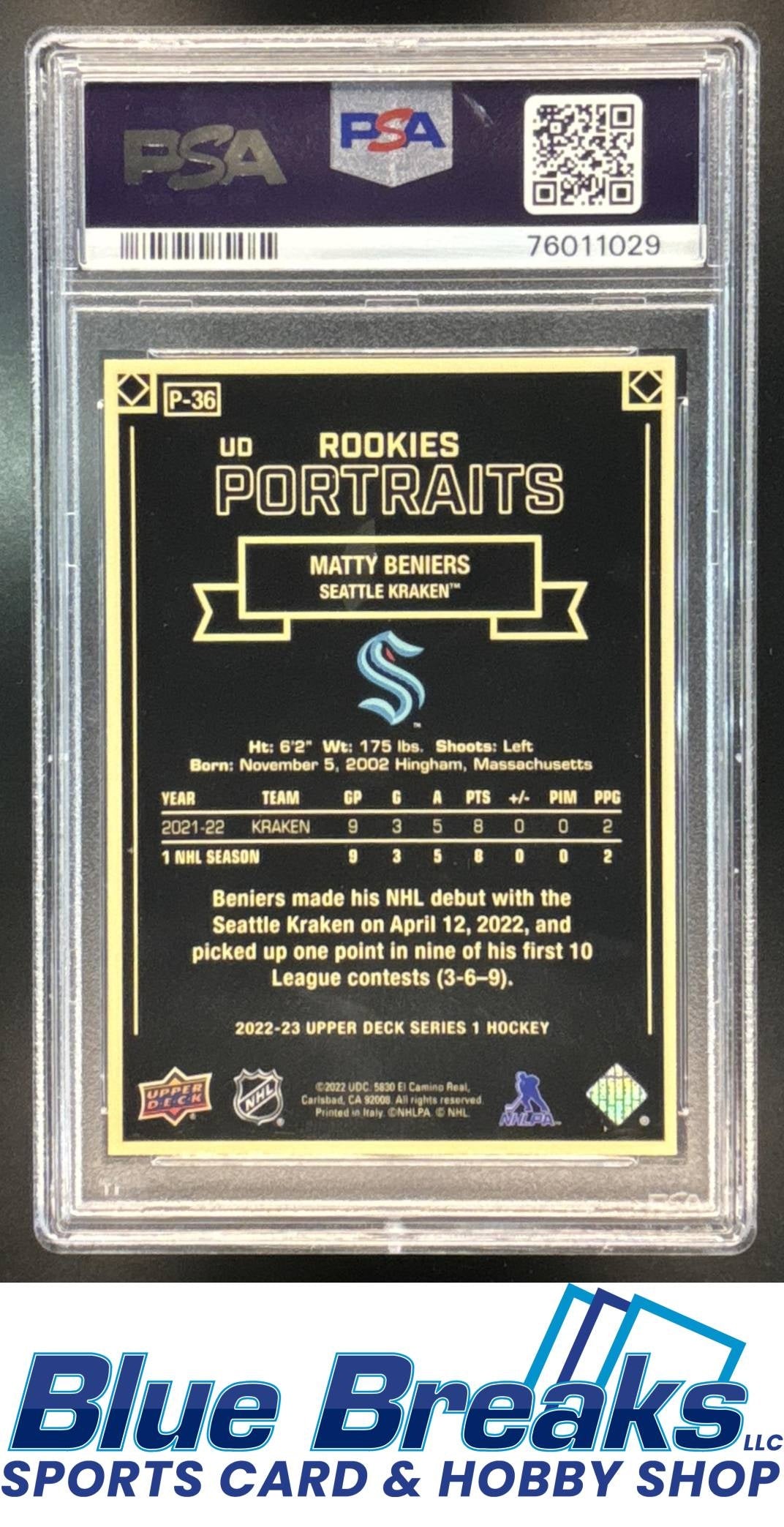 2022 Upper Deck Portraits Matty Beniers #P-36 PSA 10 Seattle Kraken