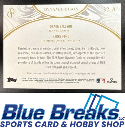 2026 Topps Dynamic Duals Auto Purple Harry Ford Drake Baldwin 7/75 #32-A Atlanta Braves Washington Nationals
