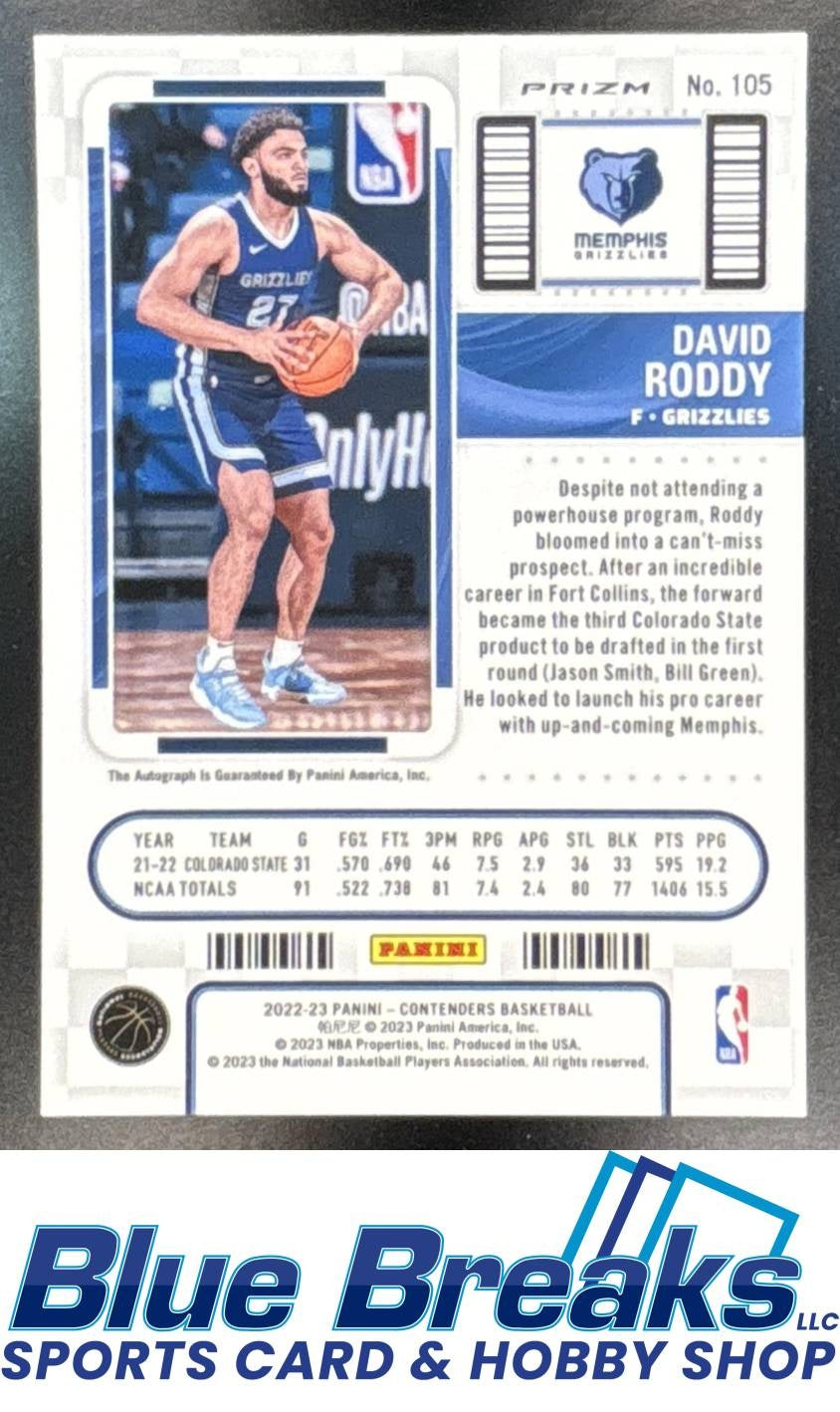 2022 Panini Contenders David Roddy #105 Season Ticket Premium Edition Auto RC Memphis Grizzlies