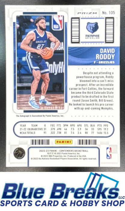 2022 Panini Contenders David Roddy #105 Season Ticket Premium Edition Auto RC Memphis Grizzlies
