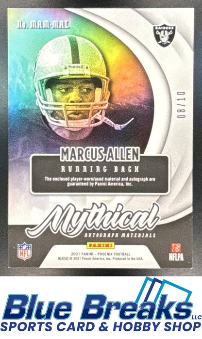 2021 Panini Phoenix Marcus Allen #MAM-MAL Mythical Auto Materials Green 08/10 Los Angeles Raiders
