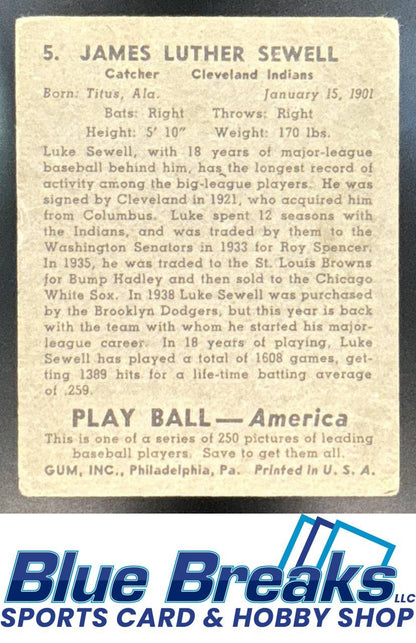 1939 Play Ball James Luther Sewell #5 Indians