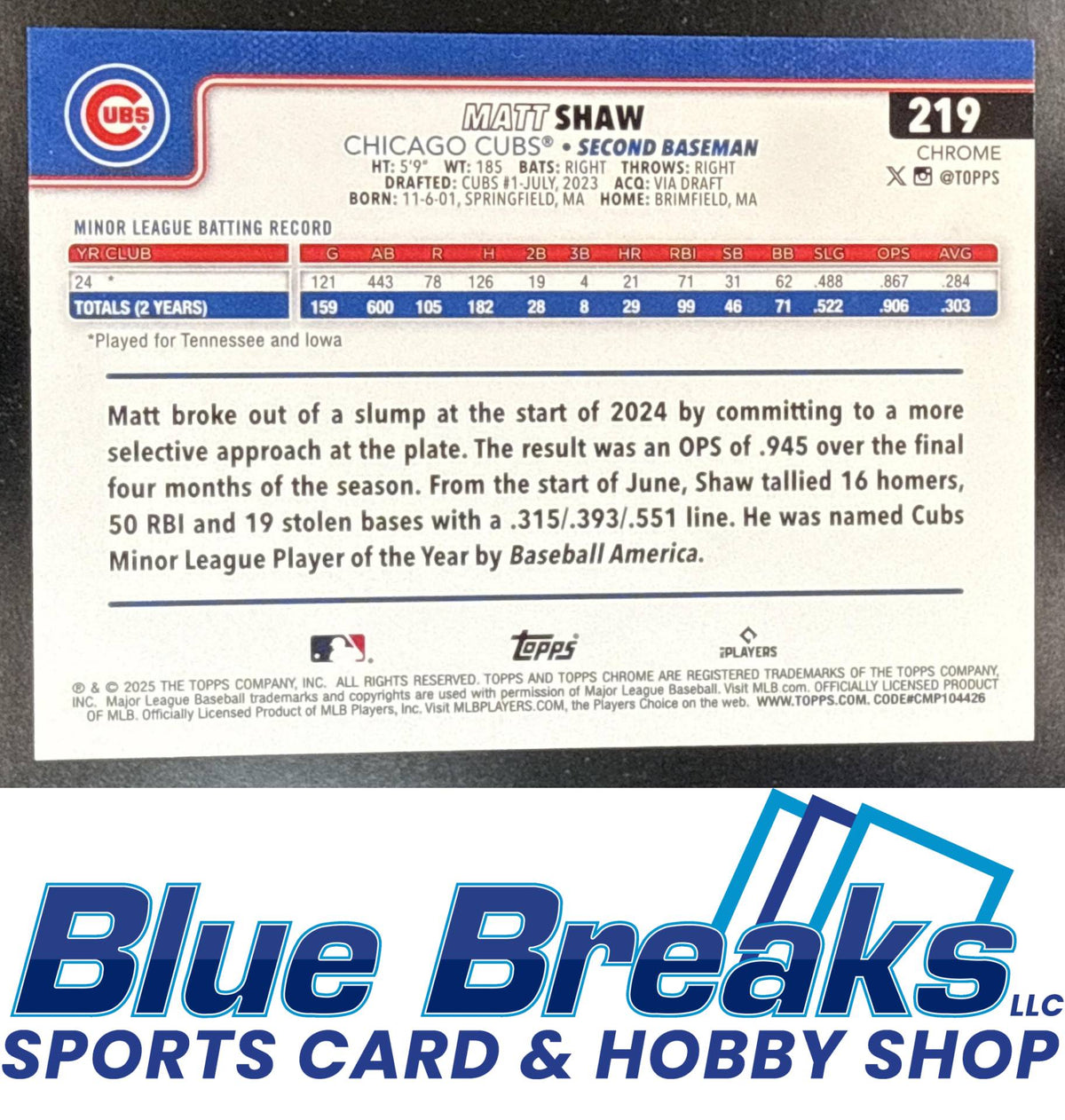 2025 Topps Chrome Green Lava Refractor Matt Shaw 80/99 #219 RC Chicago Cubs