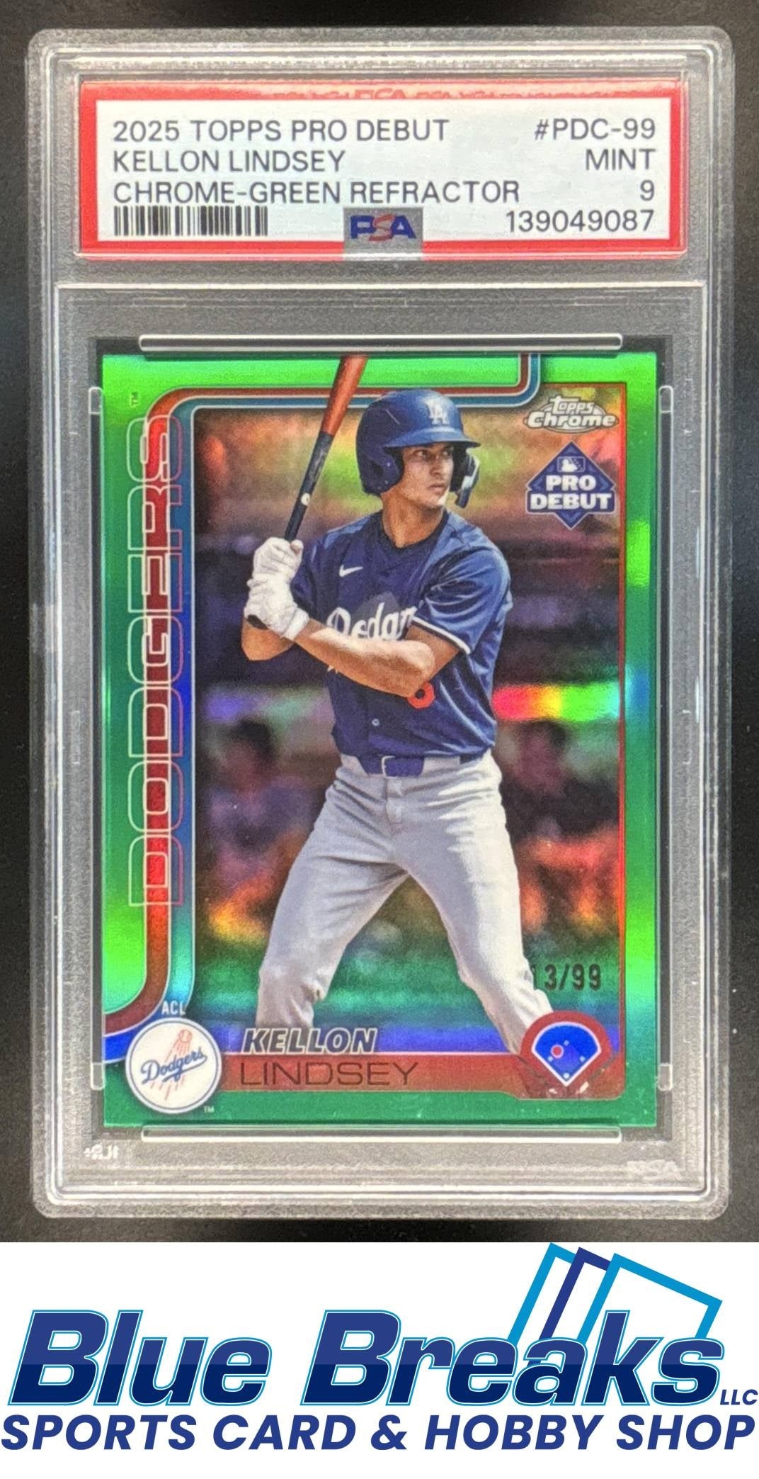 2025 Topps Pro Debut Kellon Lindsey #PDC-99 Chrome Green Refractor 13/99 PSA 9 Los Angeles Dodgers