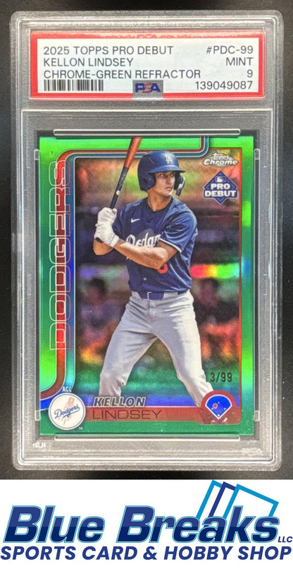 2025 Topps Pro Debut Kellon Lindsey #PDC-99 Chrome Green Refractor 13/99 PSA 9 Los Angeles Dodgers