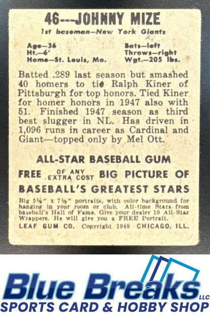1946 Leaf Johnny Mize #46 a Giants