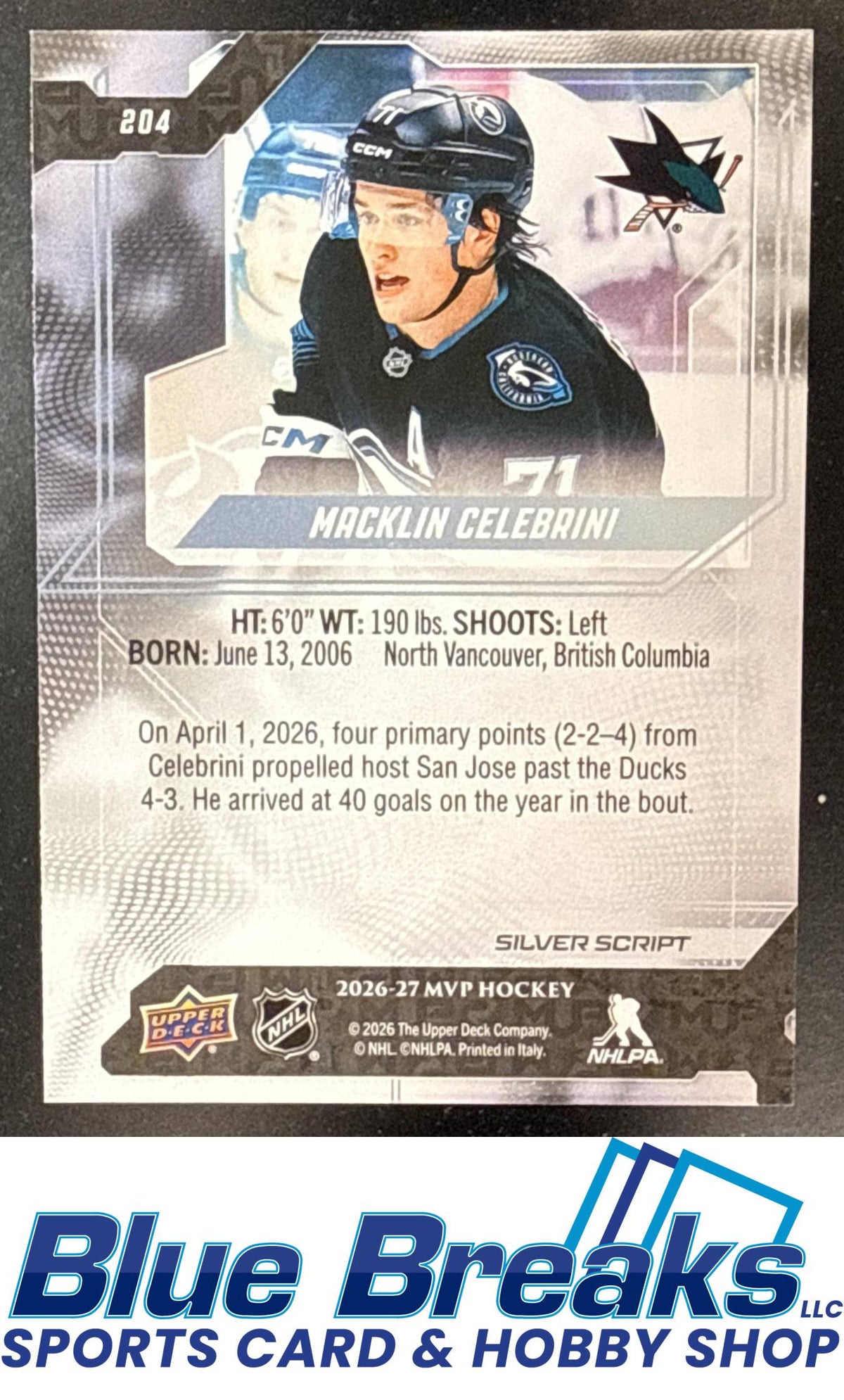 2026-27 Upper Deck MVP SP Macklin Celebrini [RC] #204 San Jose Sharks