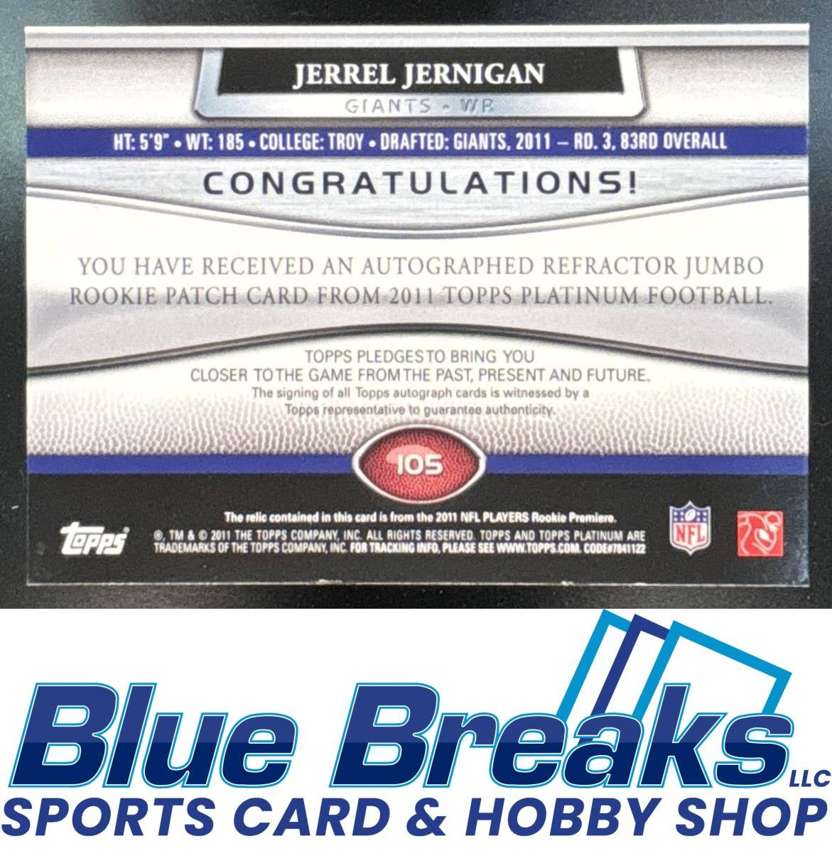 2011 Topps Platinum Jerrel Jernigan #105 Rookie Patch Auto Blue Refractor 52/75 RC