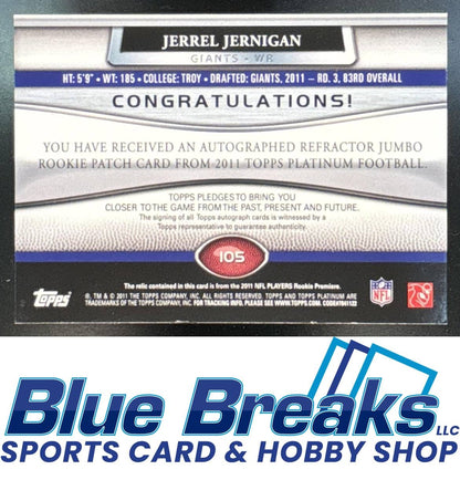 2011 Topps Platinum Jerrel Jernigan #105 Rookie Patch Auto Blue Refractor 52/75 RC