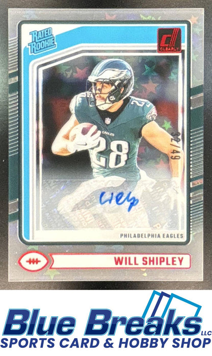 2024 Panini Clearly Donruss Will Shipley #87 Rated Rookie Auto Stars 32/49 Philadelphia Eagles