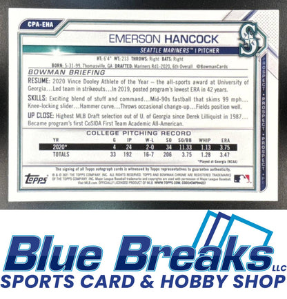 2021 Bowman Chrome Prospect Auto Emerson Hancock #CPA-EHA Seattle Mariners