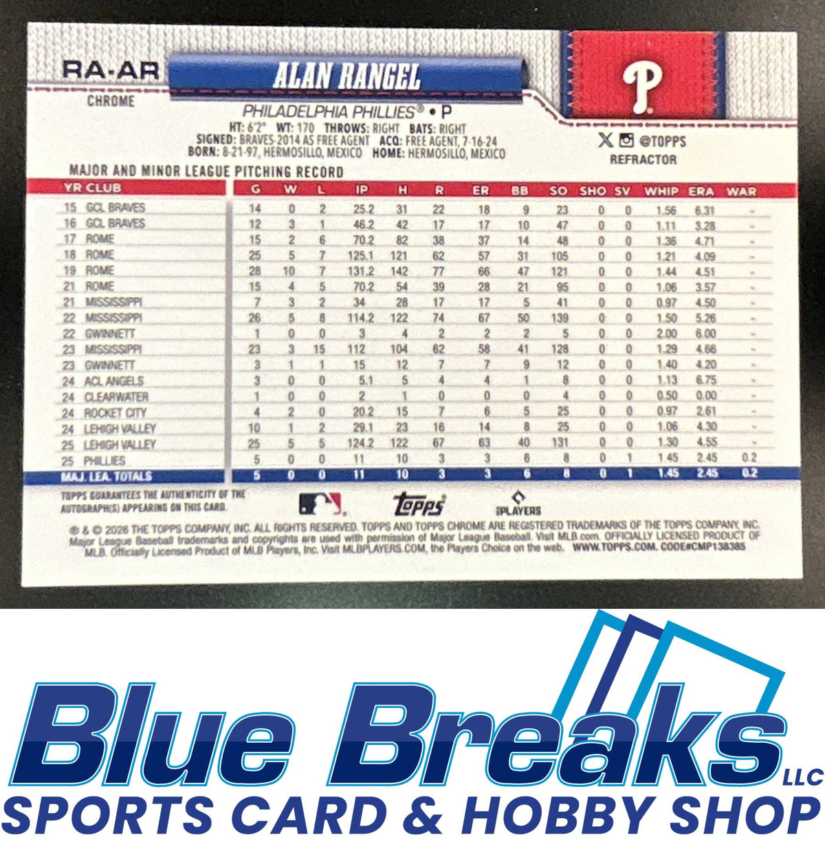 2026 Topps Chrome Alan Rangel #RA-AR Retail Rookie Auto Refractor 216/499 RC Philadelphia Phillies