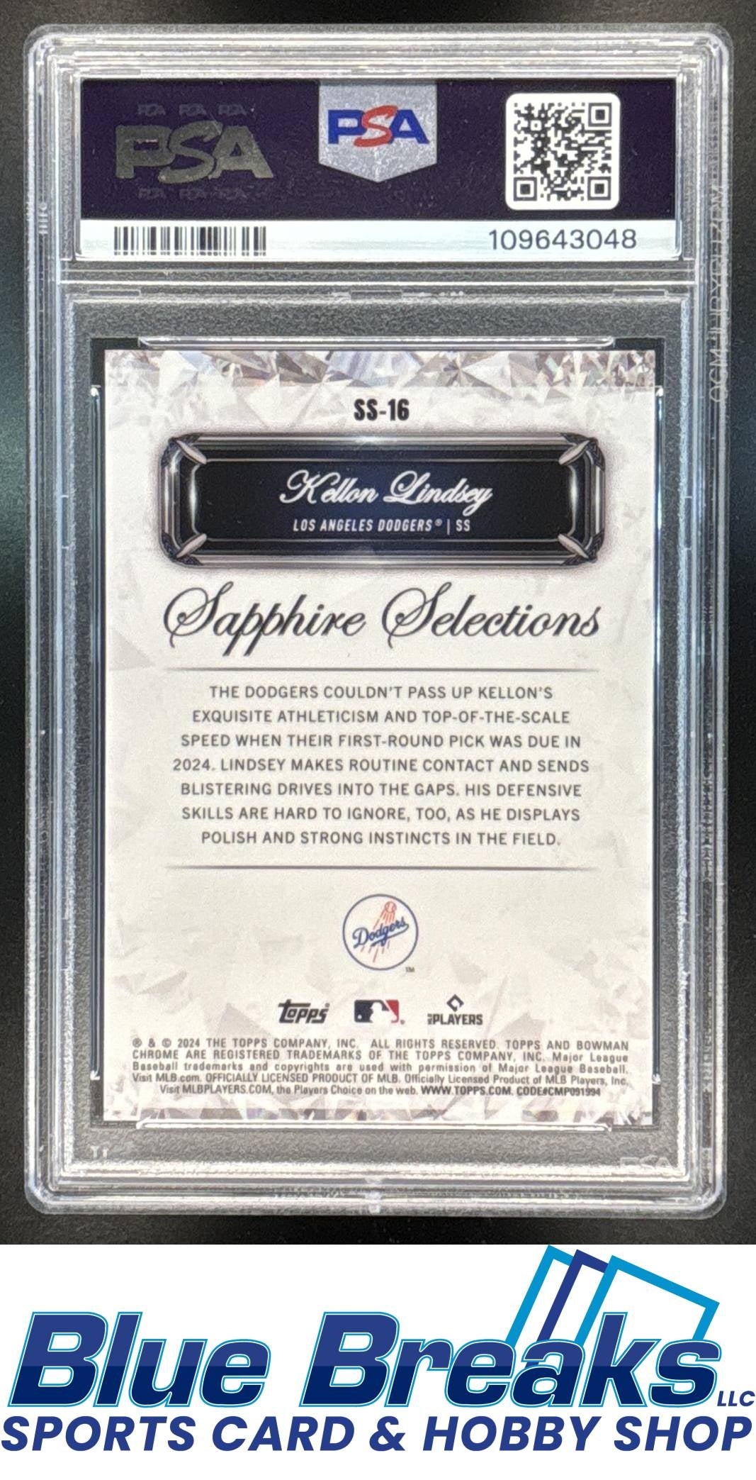 2024 Bowman Draft Sapphire Kellon Lindsey #SS-16 Selections Gold 32/50 PSA 10 Los Angeles Dodgers