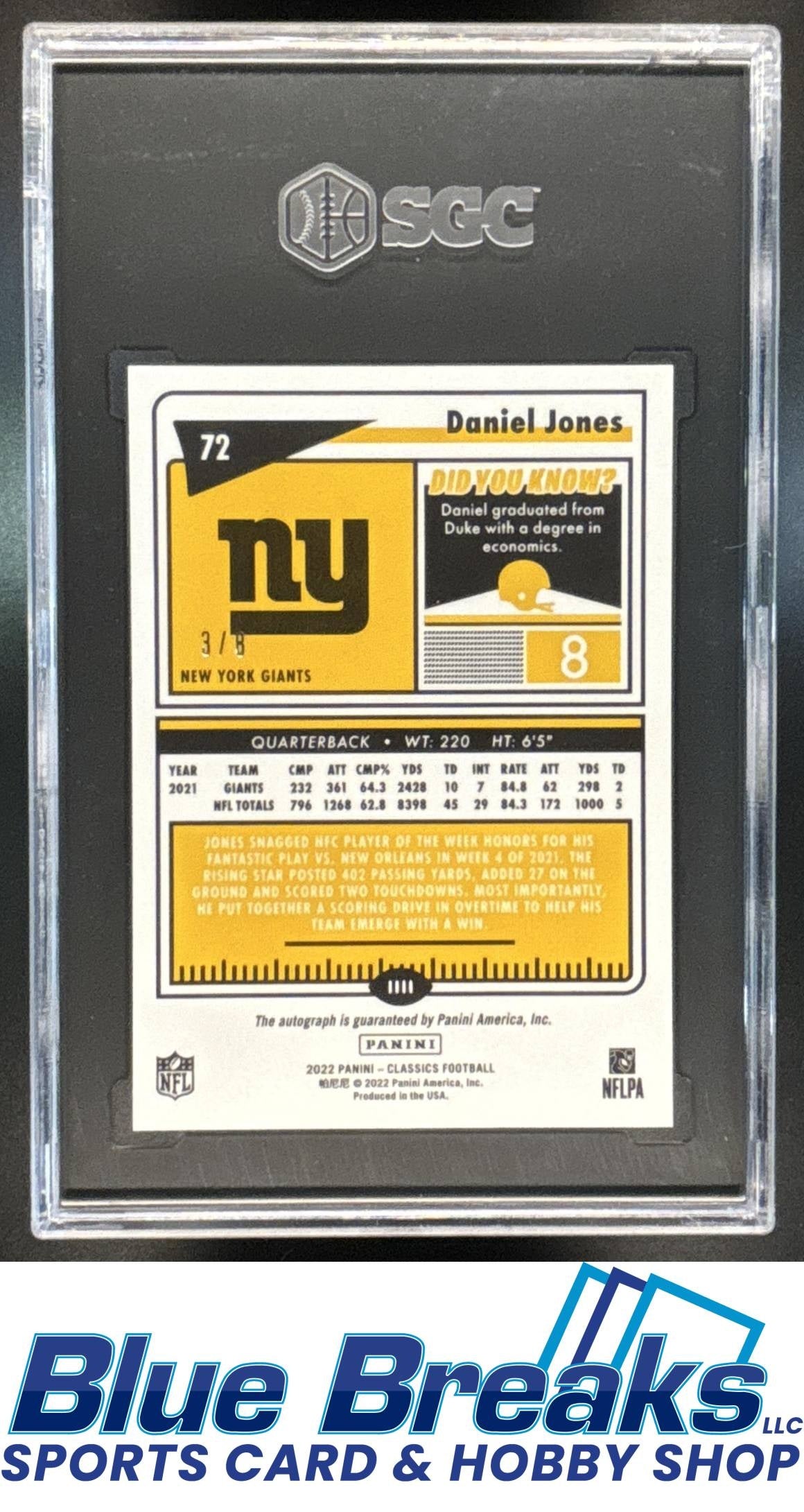 2022 Panini Classics Daniel Jones #72 Premium Edition Significant Signatures Gold 3/8 Auto SGC 9
