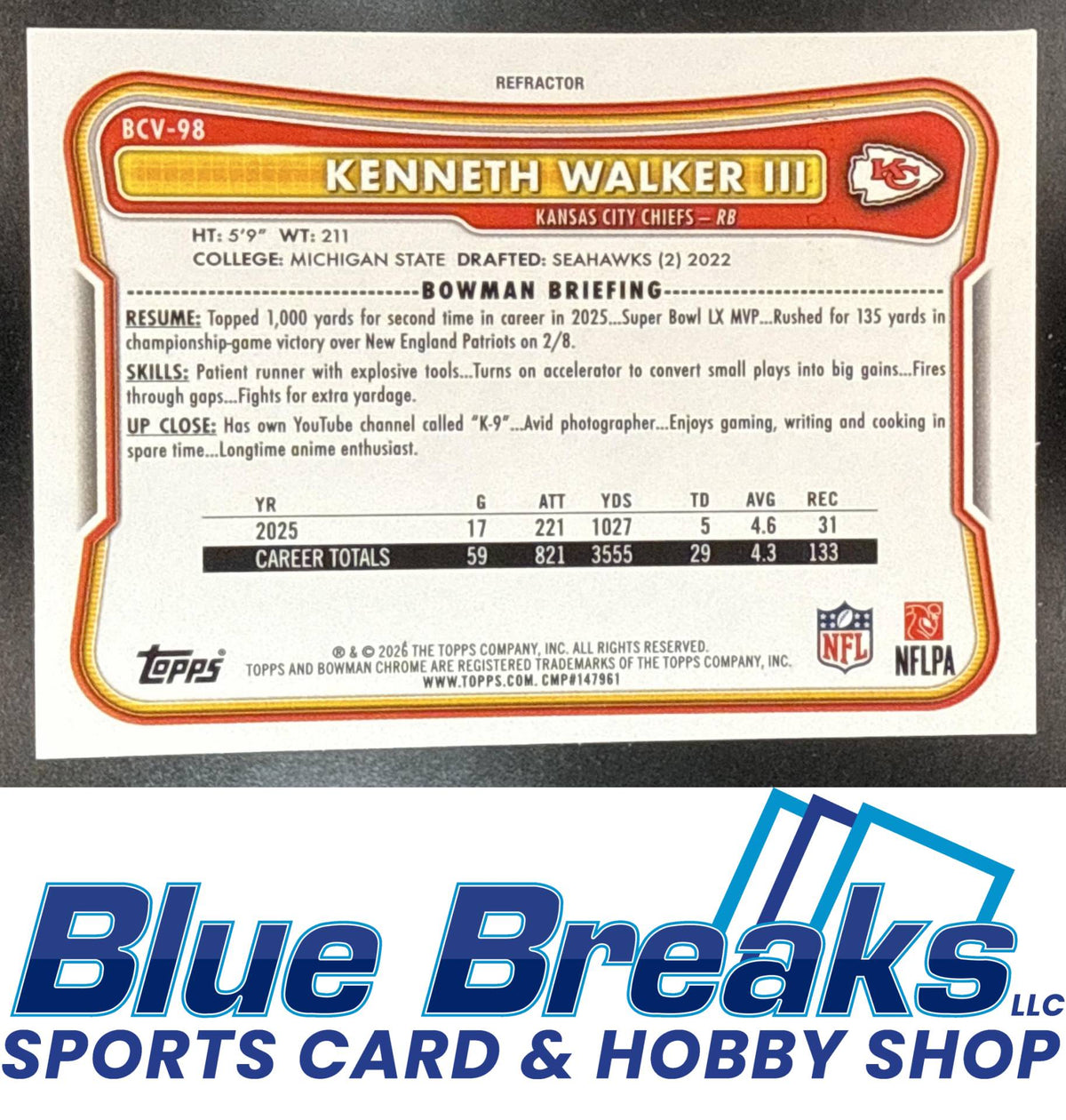 2026 Bowman Kenneth Walker III #BCV-98 Chrome NFL Refractor 487/499 Kansas City Chiefs