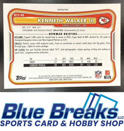 2026 Bowman Kenneth Walker III #BCV-98 Chrome NFL Refractor 487/499 Kansas City Chiefs