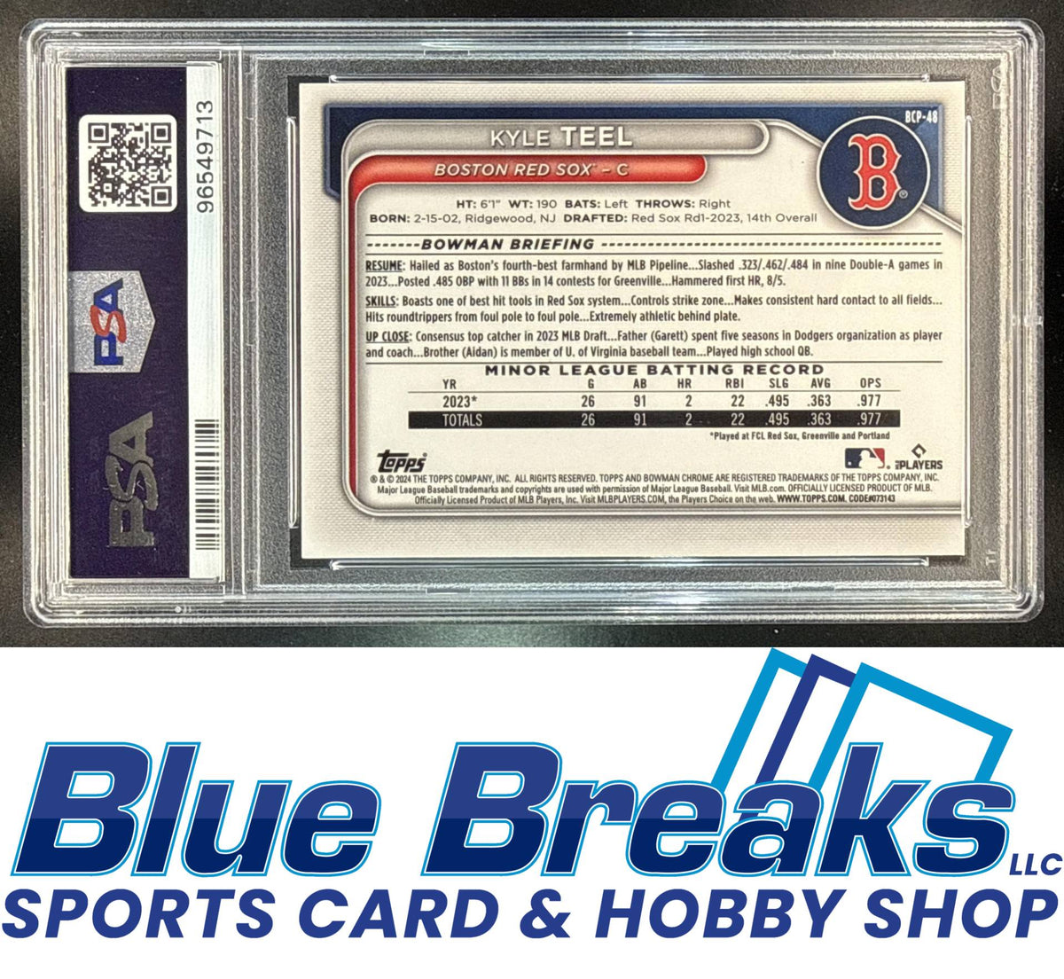2024 Bowman Sapphire Kyle Teel #BCP-48 Chrome 1st Prospect PSA 10 Boston Red Sox
