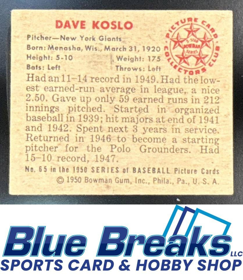1950 Bowman Dave Koslo #65 Giants
