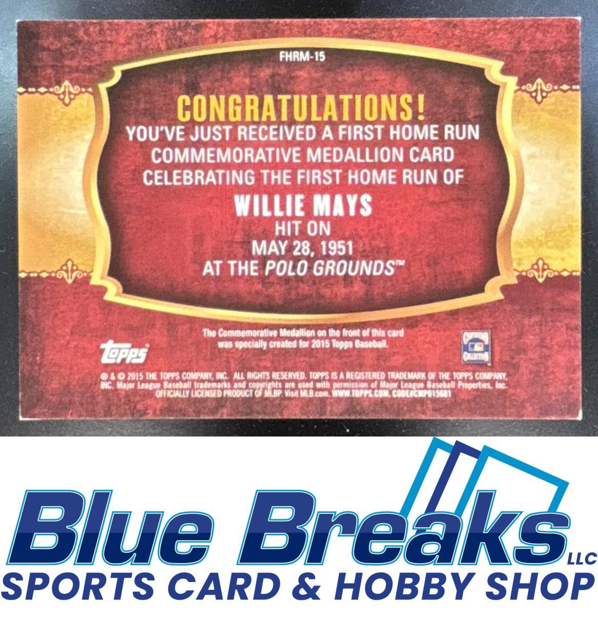 2015 Topps Update Willie Mays #FHRM-15 First Home Run Medallion San Francisco Giants