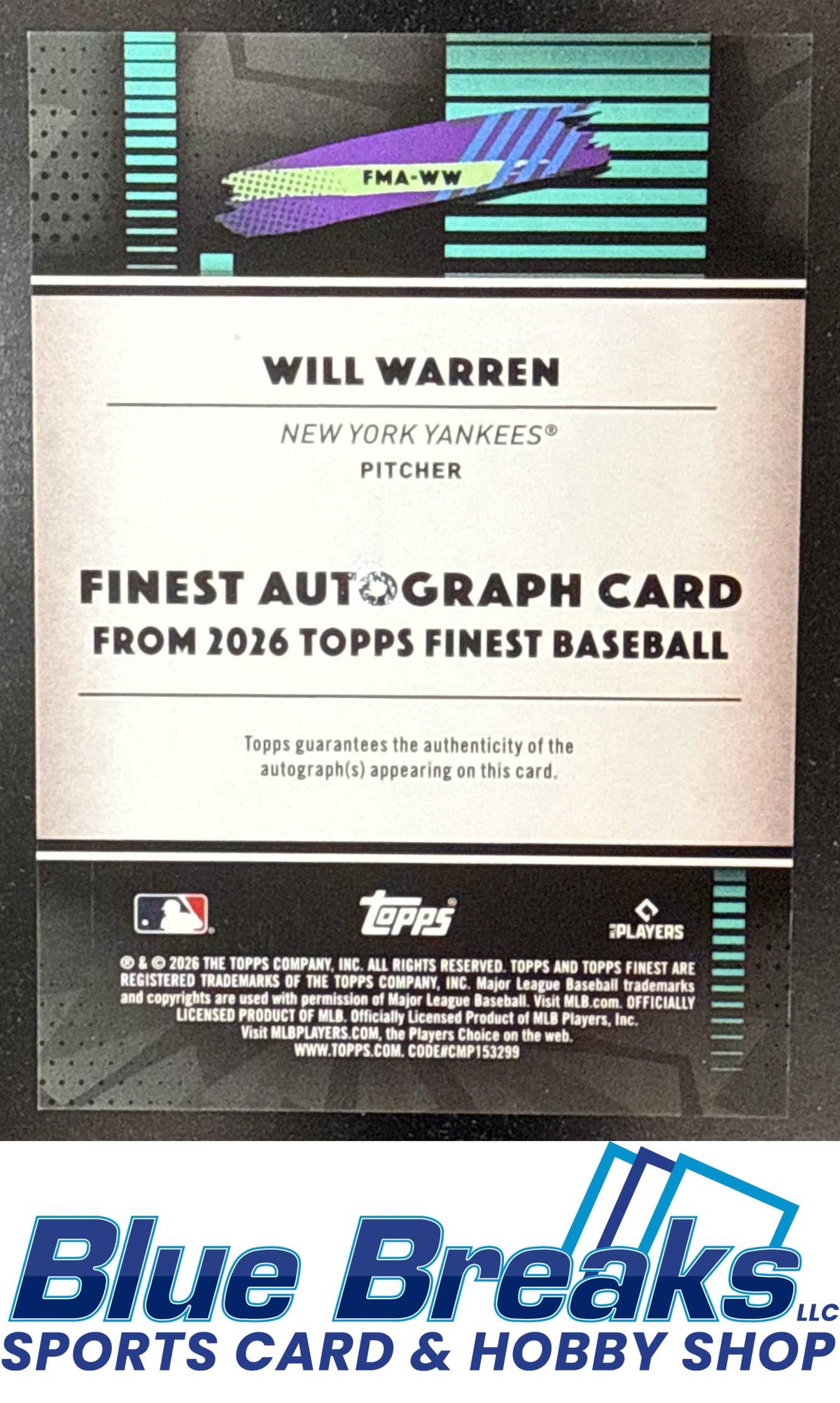 2026 Topps Finest Will Warren #FMA-WW Mega Auto Aqua Mini-Diamond Refractor 091/199 New York Yankees