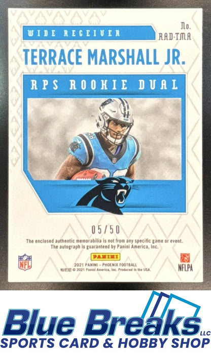 2021 Panini Phoenix Terrace Marshall Jr. #RAD-TMA RPS Rookie Auto Dual Jersey Prime Blue 05/50 RC Panthers
